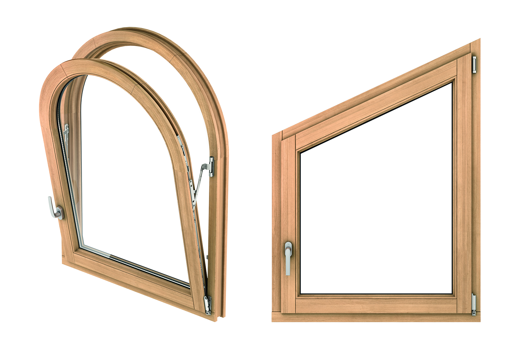 Nowa strona zawiasowa T do okien z drewna systemu Roto NX, pozwala na realizację okien o nietypowych kształtach &ndash; łukowych i skośnych. Zdjęcie: Roto_NX_nietypowe kształty okien.jpg